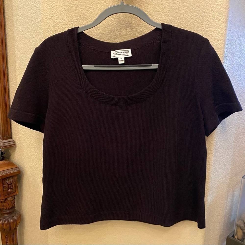 ST. JOHN Sport Women Chocolate Brown Wool Blend Short Sleeve Top Size Medium